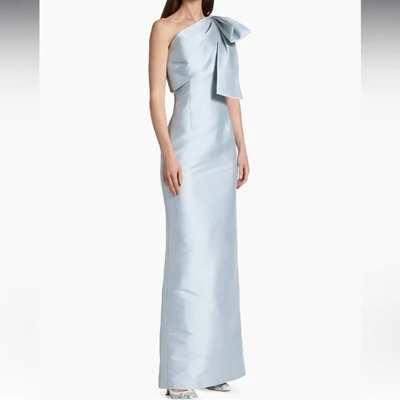 Sachin and Babi BONNIE one shoulder bow sliver gown Sz 4 - Picture 3 of 9